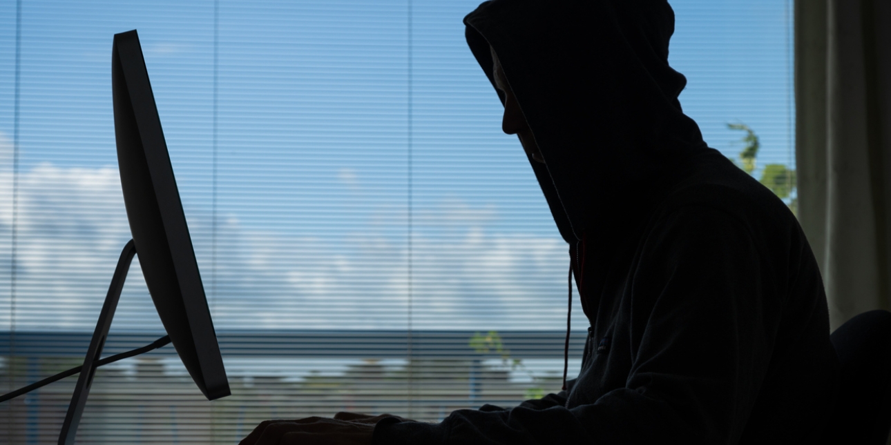 Silhouette of a person in a hoody in front of a computer screen. It is photographed from the side, against landscape and sky outside a window.