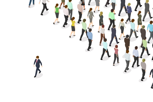 Illustration showing a man in a suit walking in one direction while a large crowd of people walk in the opposite direction