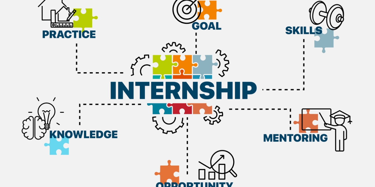 Illustration featuring the word internship over some jigsaw pieces. Surrounding this in smaller type are the words goal, skills, mentoring, opportunity, knowledge, practice. Each of these is accompanied by an icon representing the words.