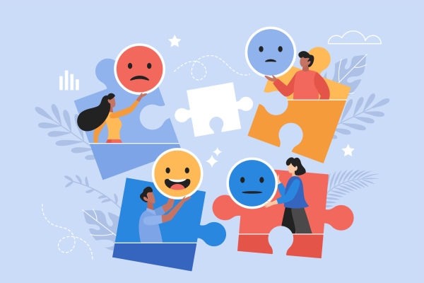 Illustration of four people floating inside shapes from a jigsaw-puzzle. Each person is holding an emoji face resenting levels of satisfaction: smiling, neutral, unhappy, angry.