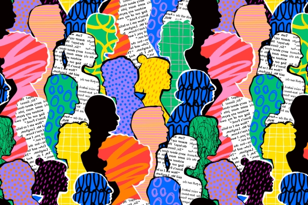 A collage composed of line drawings of the side profiles of different people's heads. Each is filled with multiple colours, random text, patterns or dots
