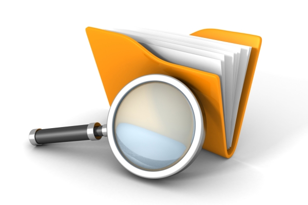 Computer generated image of a magnifying glass next to an orange folder of paperwork