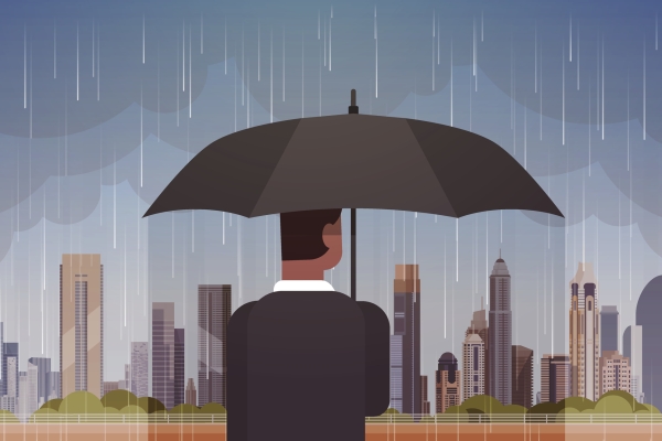 Illustration shows a view of a person from behind holding an umbrella under heavy rain while looking out at skyscrapers and a dark grey sky