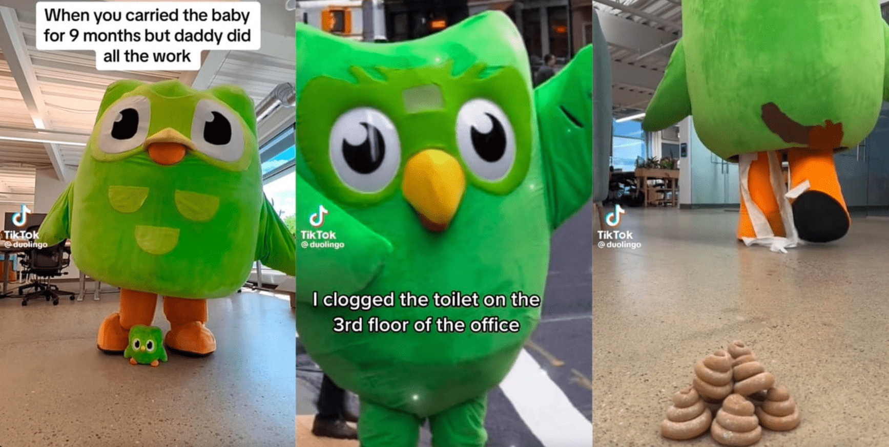 Three TikTok screenshots showing a giant green owl costume with the words, When you carried the baby for 9 months but daddy did all the work; I clogged the toilet on the 3rd floor of the office. Final image shows the owl having deposited fake poop.