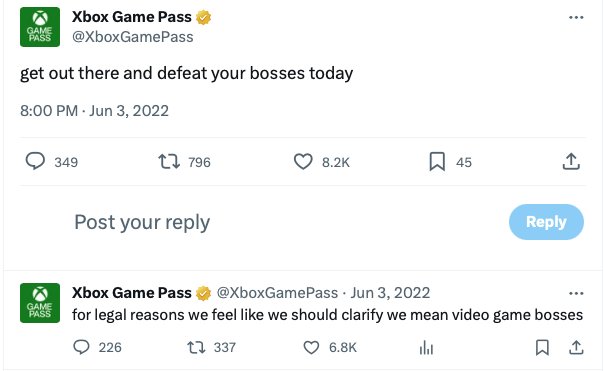 Screen shot of two tweets from Xbox Game Pass with the words 