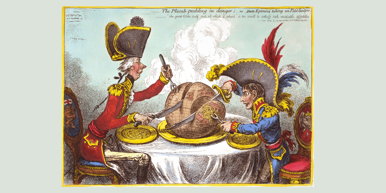 Cartoon of William Pitt and Napoleon carving up a pudding with large knives