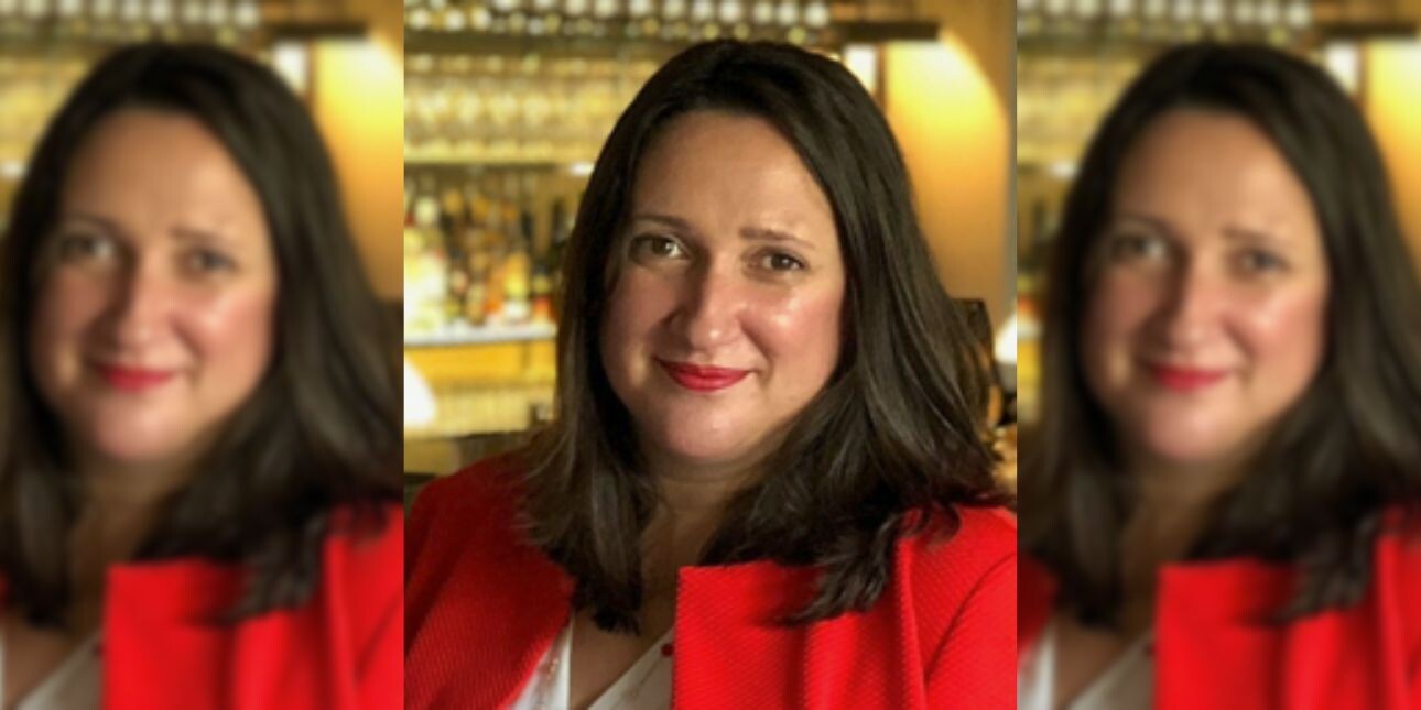 A triptych of a Beth Durham, a white woman with dark hair and a red jacket and red lipstick