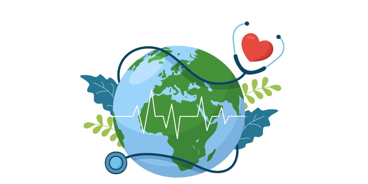 Illustration of the earth with a stethoscope wrapped round it with a red heart by the earpieces. There are leaves coming out of the sides of the globe and a medical looking heart beat graph over the earth.