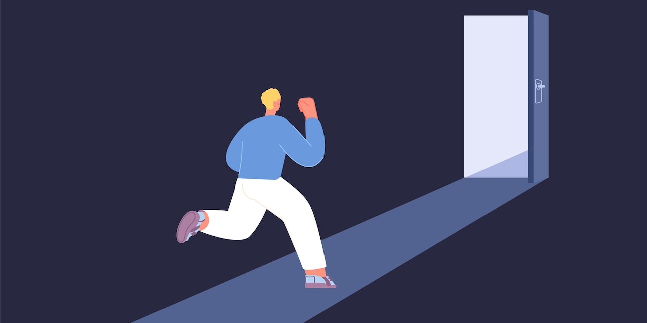 Illustration of a blond haired person running towards an open door. The interior is dark blue navy, the outside is lighter