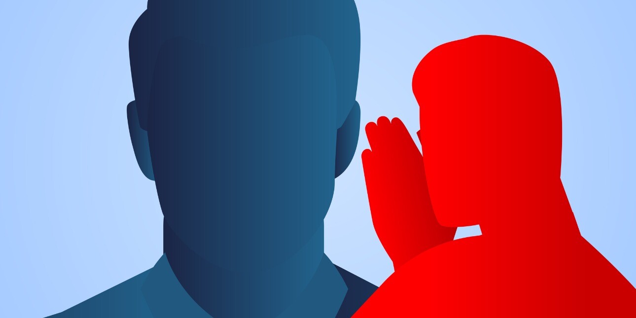 Red silhouette figure of a man whispering into the ear of a larger blue silhouetted man