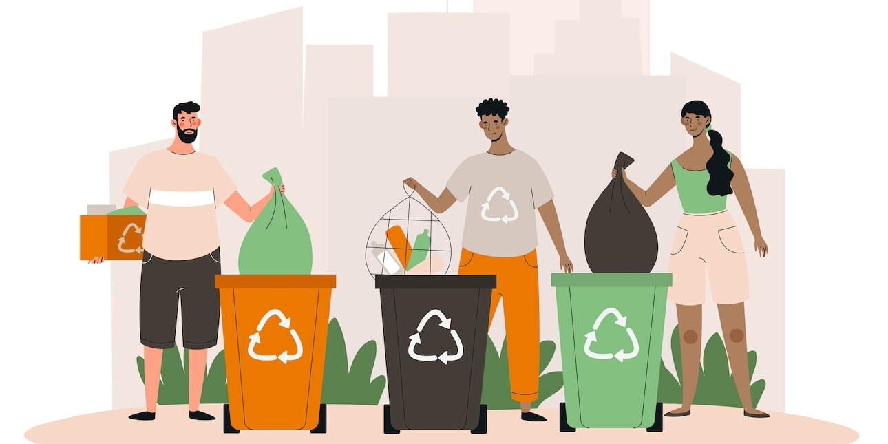 An illustration of three people depositing various recycling items into three wheelie bins. The bins feature the recycling icon consisting of three arrows in the form of a triangle