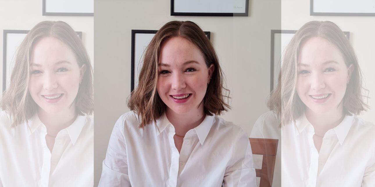 A triptych portrait of Katherine Davidson. Katherine is a white woman with shoulder length brown hair who wears glasses and a white shirt