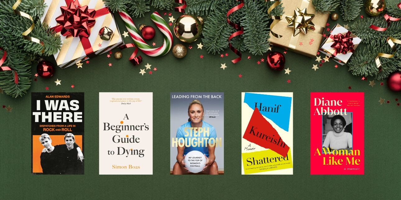 The five book covers from the article are lined up on a dark green background surrounded by gift wrapped presents, baubles, candy canes and Christmas tree branches