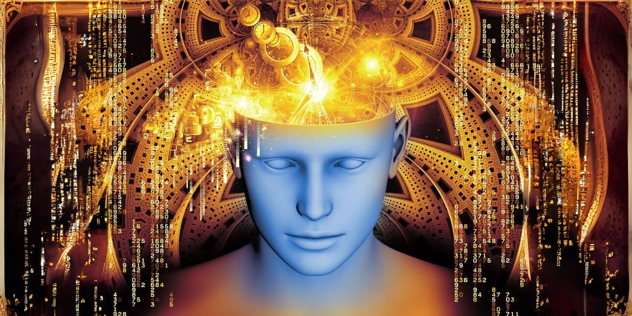 A computer-generated illustration of a grey human mannequin head. The scalp is open, from which flows golden images of pathways, clocks, digits and cogs.