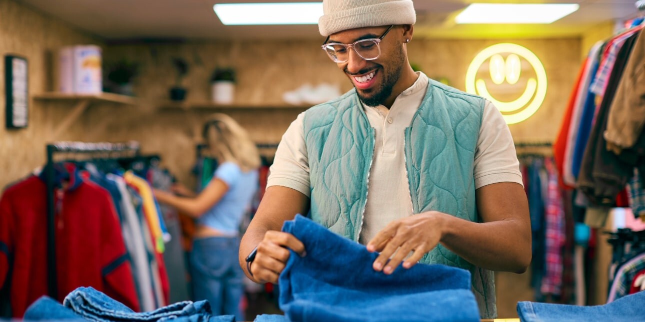 A Black man in a blue gillett, white t-shirt, light glasses and a cream woollen hat stands in a clothes shop browsing a pile of denim jeans. There is a neon sign in the background.