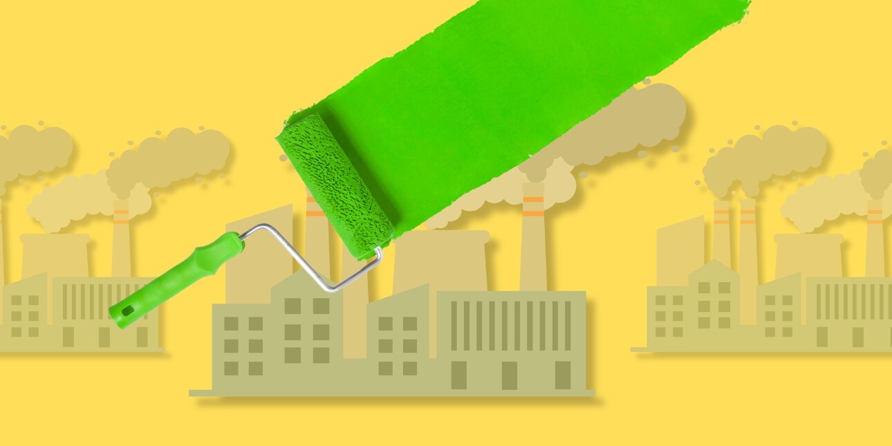 A green-handled paint roller drags a thick line of green paint over an illustration of three power stations that feature smoking chimneys. The background is yellow.