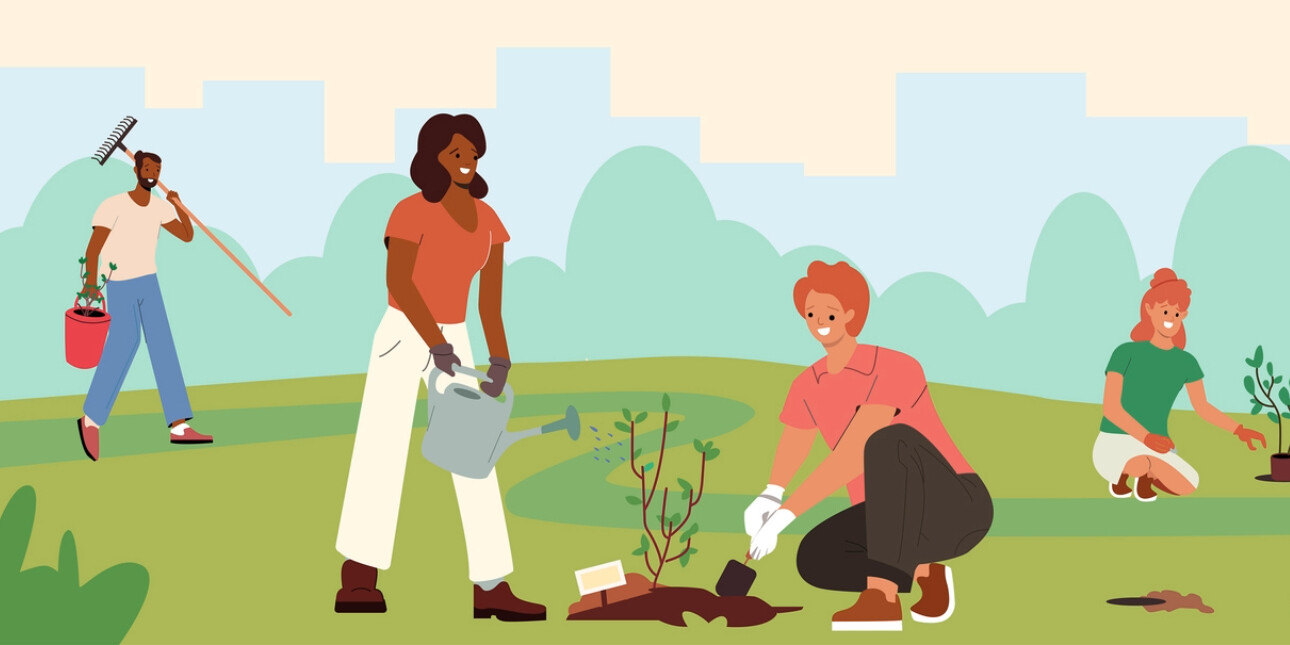 A colourful illustration of four people gardening. There are two women and two men of different ethnicities doing various tasks including planting and carrying watering cans and a rake.