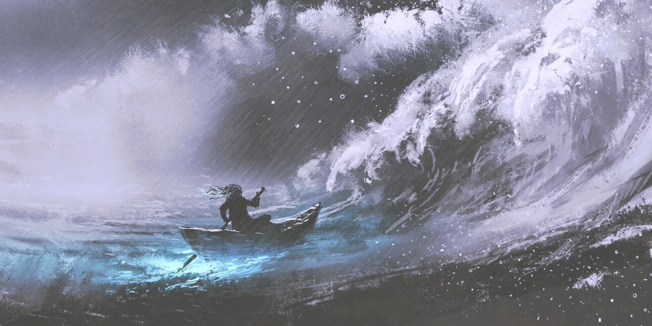 An illustration of a person in a small boat is shown with huge waves looking to engulf it