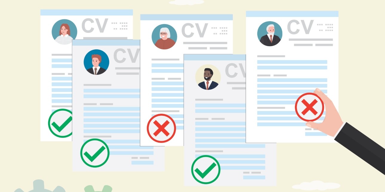 An illustration of five CVs. Three feature images of younger applicants and green ticks. Two feature older people and red crosses.