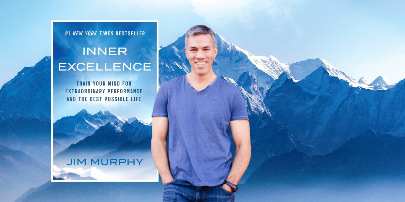 A composite image of Jim Murphy in front of an image of mountains taken from the front cover of his book Inner Excellence, which is framed as an inset.