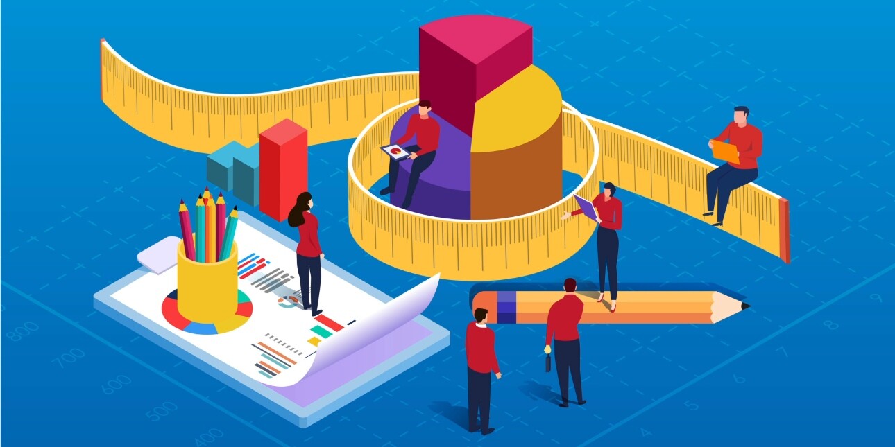 An illustration of six people assembled around life size objects including a tape measure, 3D pie chart, pencil, 3D graph, pencil holder and notebook. The background is blue.