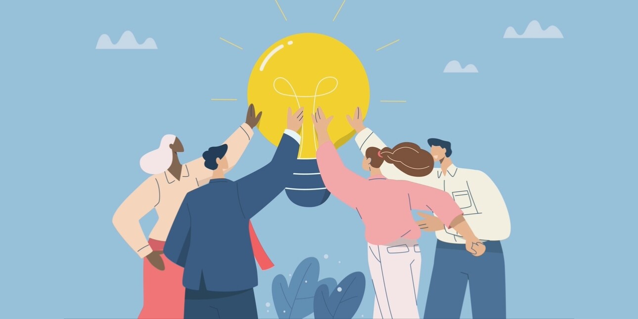 An illustration of four people reaching out to touch a life sized light bulb