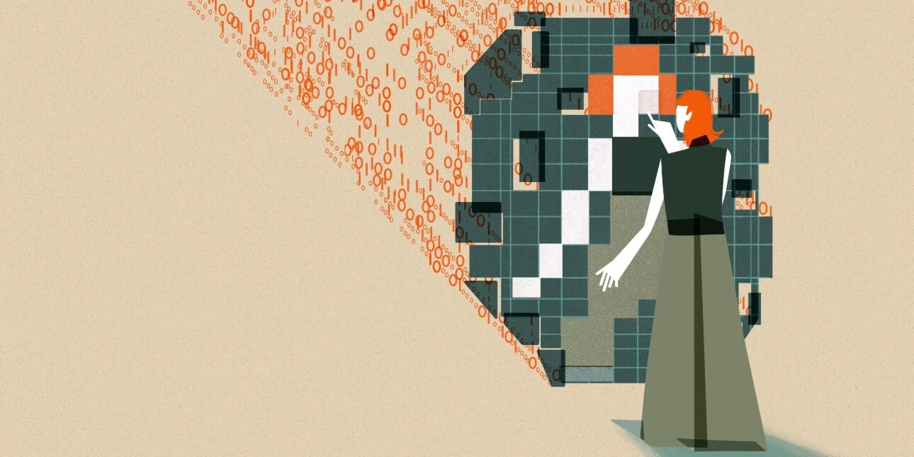 This image shows an individual with orange hair interacting with a large, abstract digital mirrored structure. The structure is composed of squares in varying shades of green, orange, white, and black which are pieced together to reflect the individu