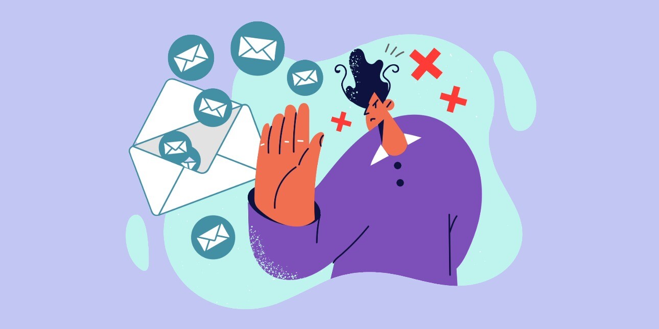 An illustration of a person holding their hand up while surrounded by large envelopes and red crosses.