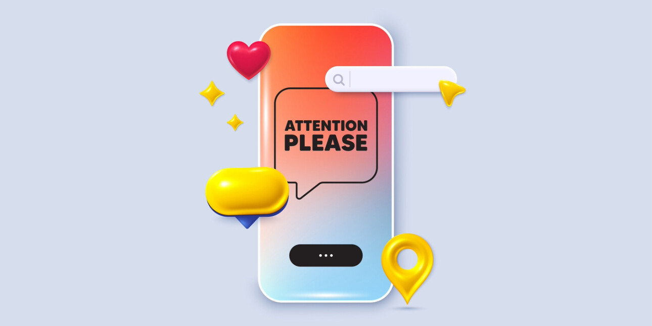 A digital illustration of a mobile phone with the words attention please displayed on the screen. Assorted icons including speech bubbles float alongside.