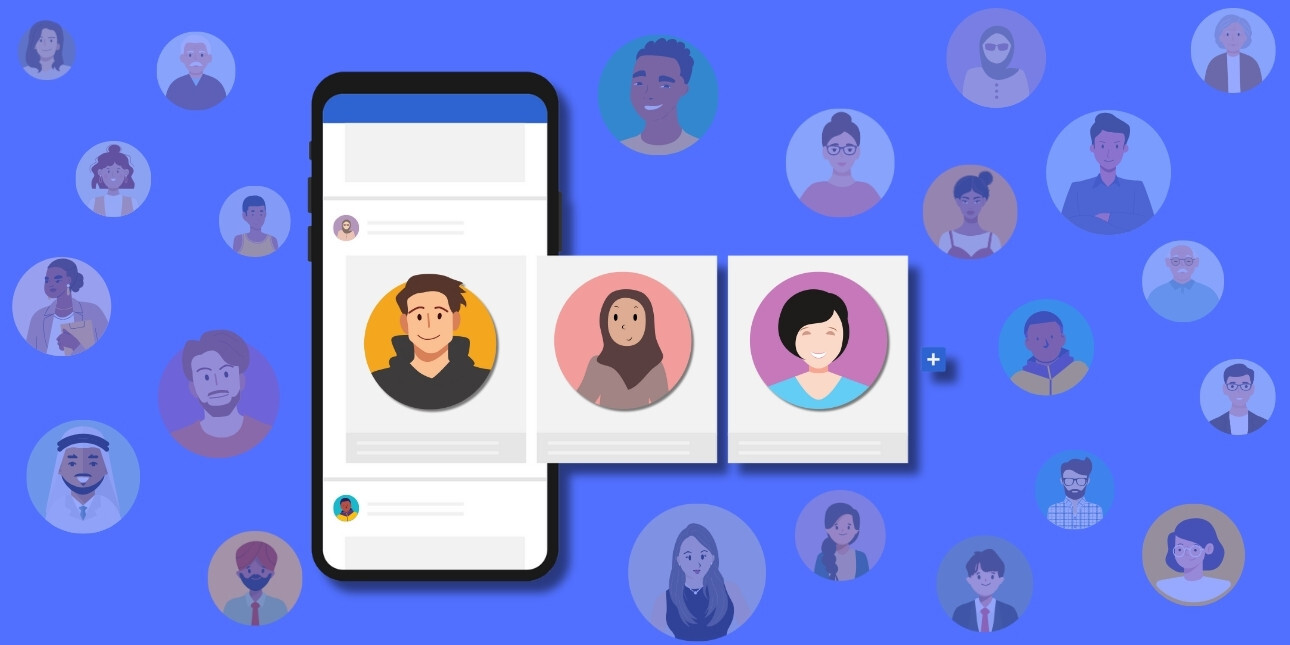 An illustration on a blue background of a mobile phone screen with three carousel frames emerging to the right. Within the frames and floating around the image are illustrated avatars of people of different ages, genders and ethnicities.