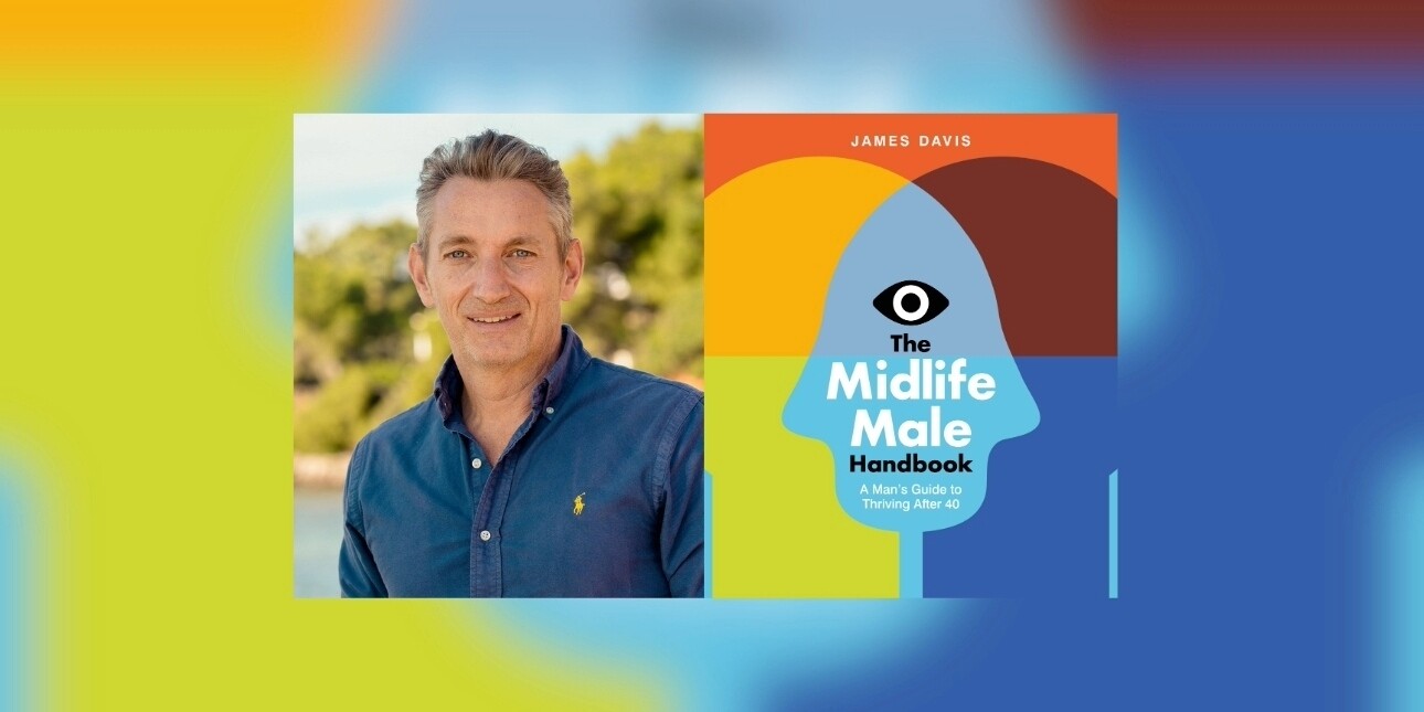 On a blue and green background, a composite image of Jim Davis - a white man with brown hair and blue shirt - and the illustrated book cover of the Midlife Male Handbook