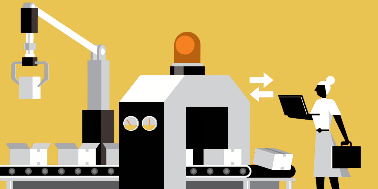 An illustration of a female businesswoman inspecting a production line of boxes which features a large robotic arm.
