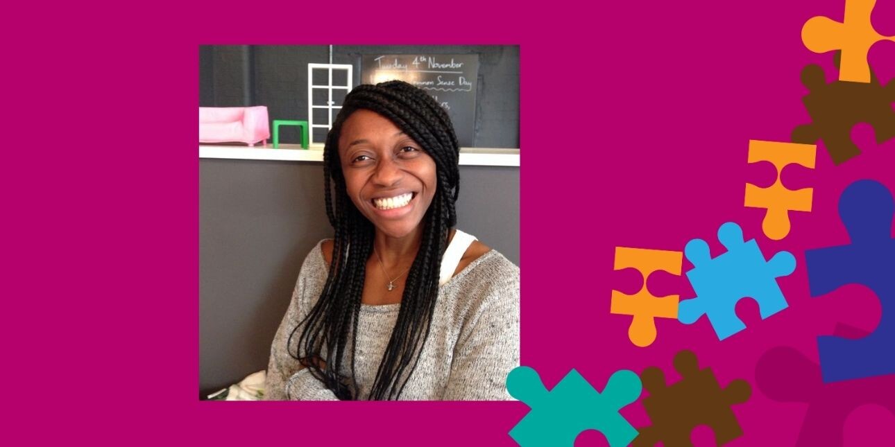 On a magenta background overlaid with multi-coloured jigsaw pieces, a colour photograph of Helen Bazuaye smiling. Helen is a black woman with long braided hair, who wears a grey jumper and is sat in front of a dark grey wall.