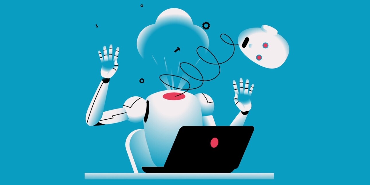 An illustration which suggest a humanoid robot who is sat a laptop can't handle a task. Its head is hanging in mid-air by a long spring attached to its neck. There is a dust cloud and floating cogs where his head should be. The background is turquois