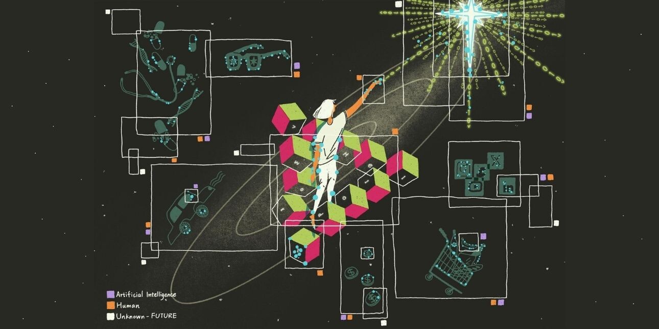 The painting shows a person standing on a staircase made of green and pink cubes, symbolising a Penrose staircase, in a cosmic environment. The person is reaching towards a glowing cross-shaped structure emitting binary code, representing AI's reach