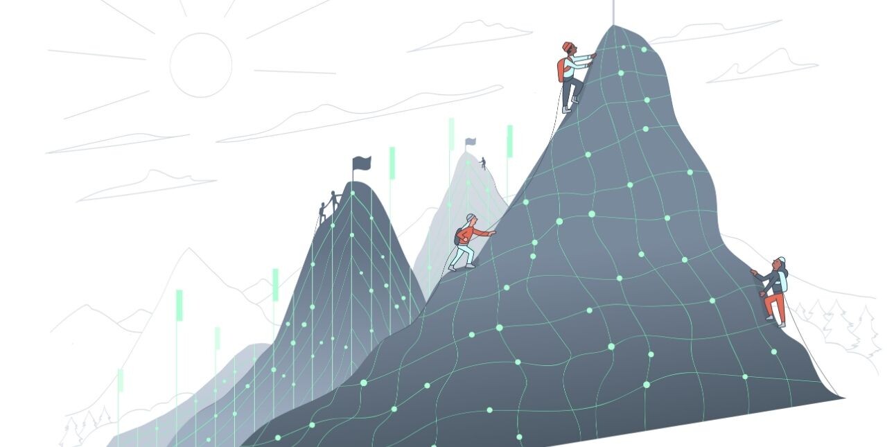 An illustration of a people scaling a grey mountain constructed of computer generated nodes