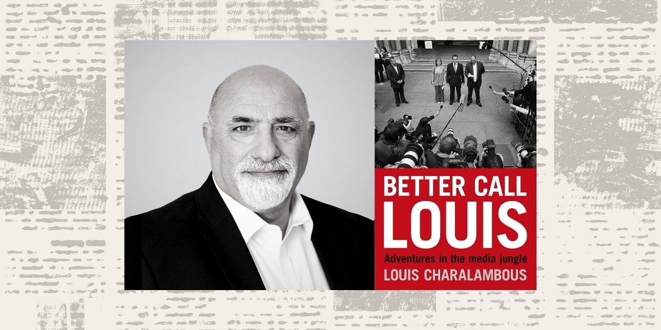 On a blurred newspaper background, a composite featuring a black and white photograph of Louis Charalambous, alongside the red coloured book cover of Better Call Louis.