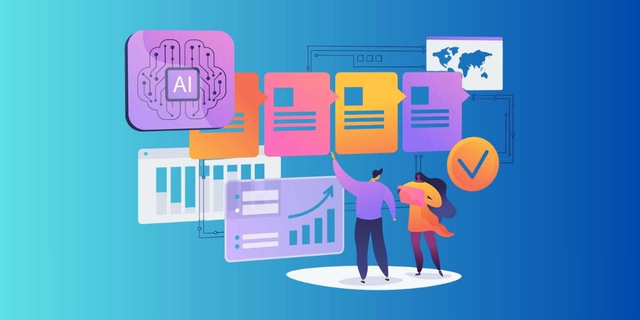 A workflow concept illustration on a turquoise background of two people looking at the word AI next to giant folder icons