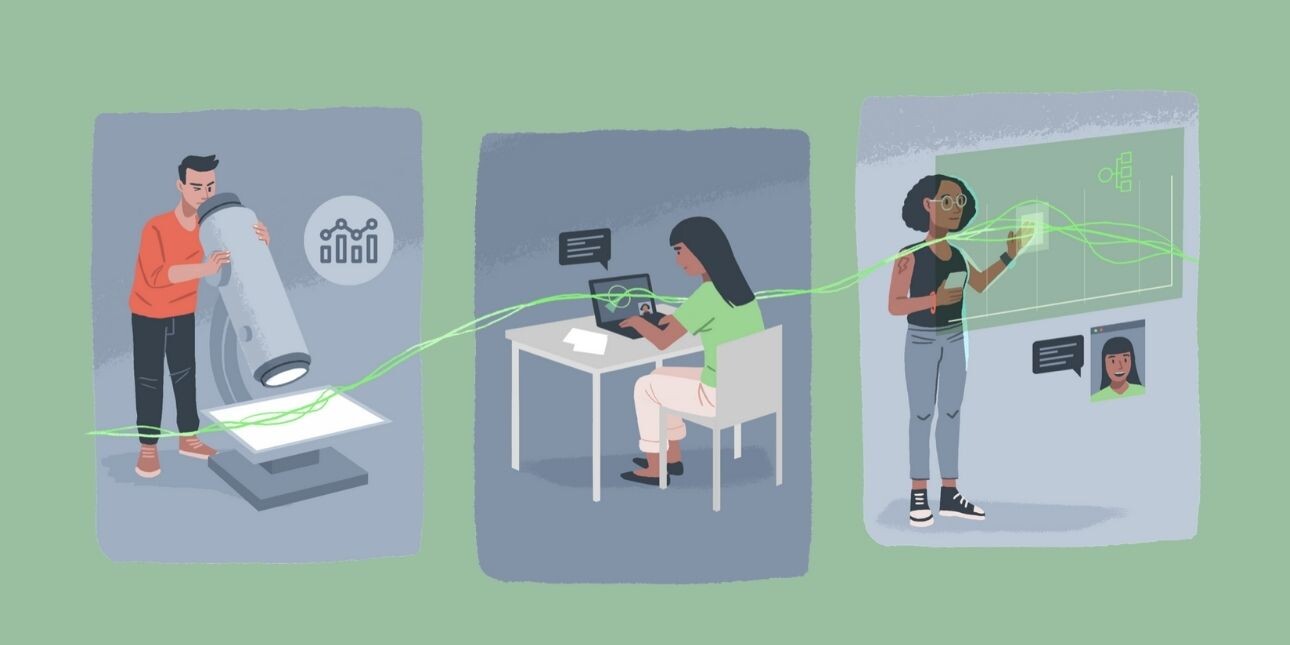 On a green background, a row of three illustrations within grey rectangles representing data science: a man looks through a human-sized microscope, a woman analyses data on a laptop, and a female teacher presents the findings to an online audience.