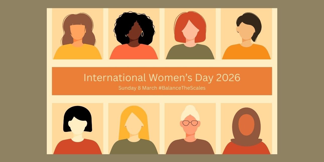 An illustration of two rows of six different women with the words International Women's Day Sunday 8 March hashtag give to gain