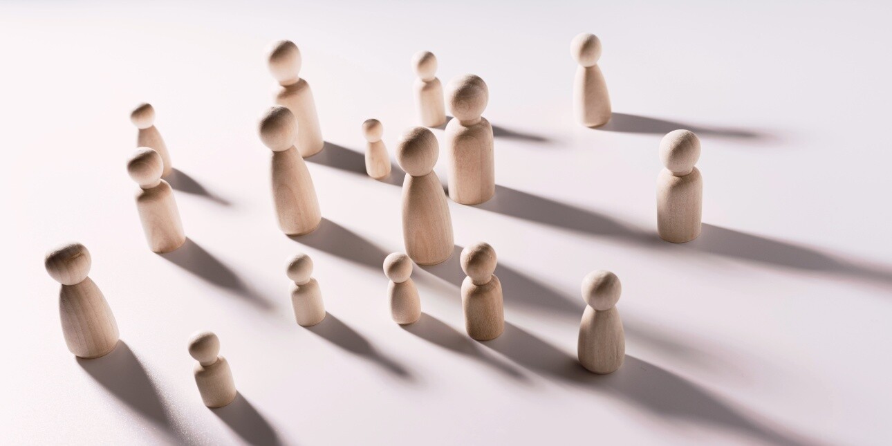 An assortment of different sized wooden figures on a pink background