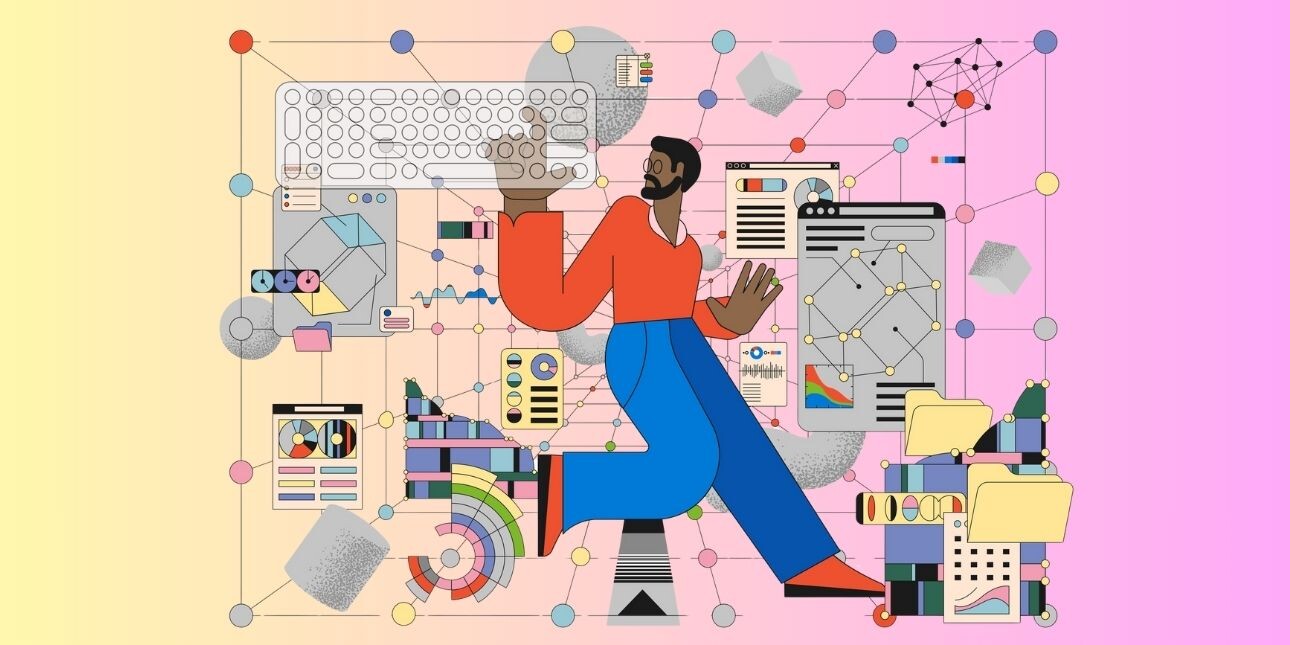 Data science and artificial intelligence concept illustration featuring a man in a red top and blue flared trousers surrounded by computer equipment, nodes and geometric shapes.