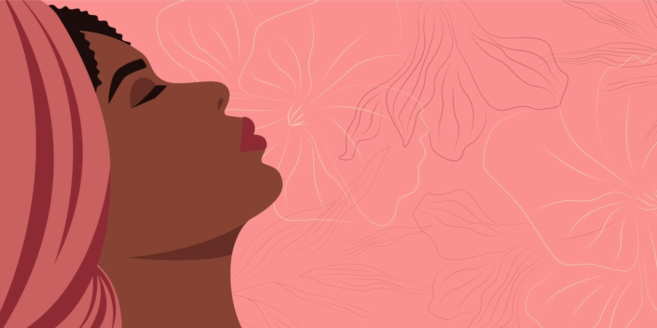 Illustration on a pink floral background of a woman with dark skin with her eyes closed and looking like she is practising controlled breathing.