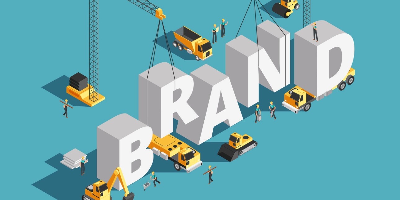 An illustration on a turquoise background of construction vehicles and cranes building the three dimension word
