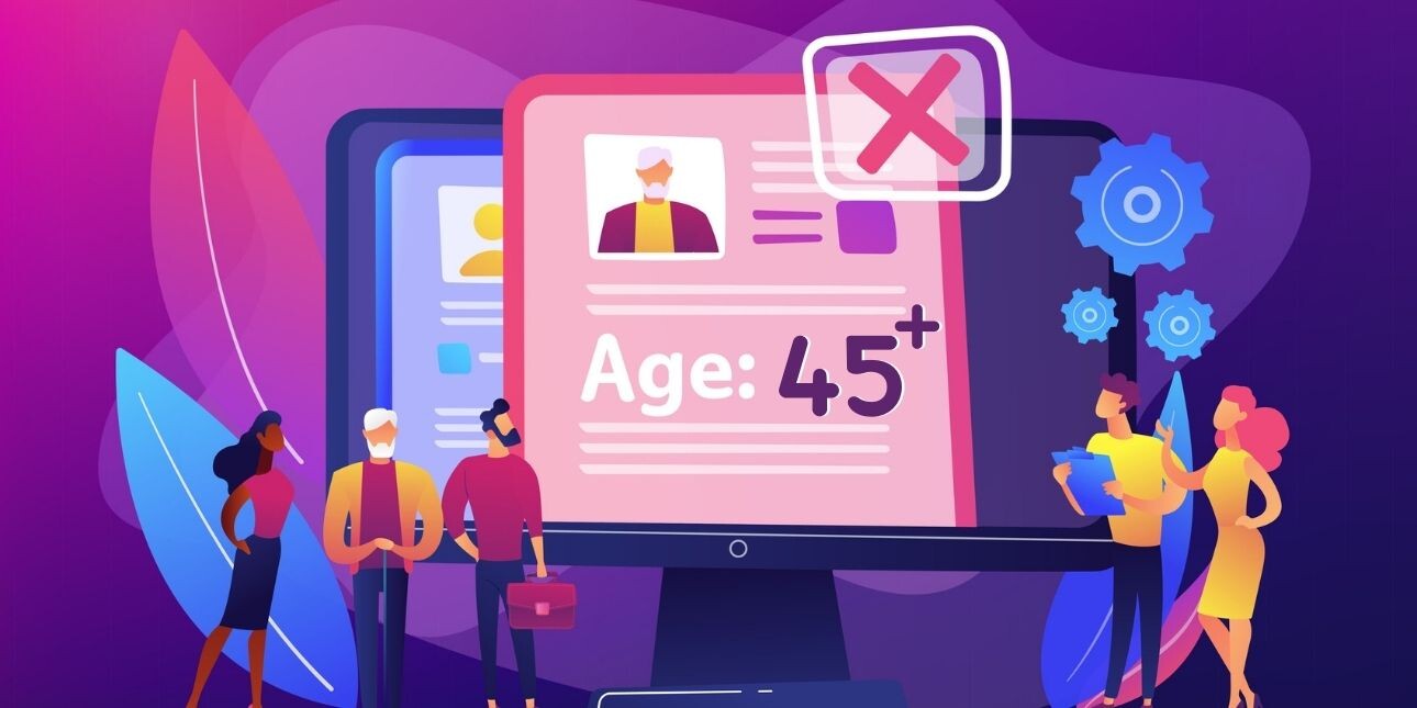 An illustration on a purple background which represents agist recruitment. Three are stood next to a giant computer screen which shows one of their CVs with the age 45+. A red cross symbolises that this has been rejected. Two younger staffers are sto