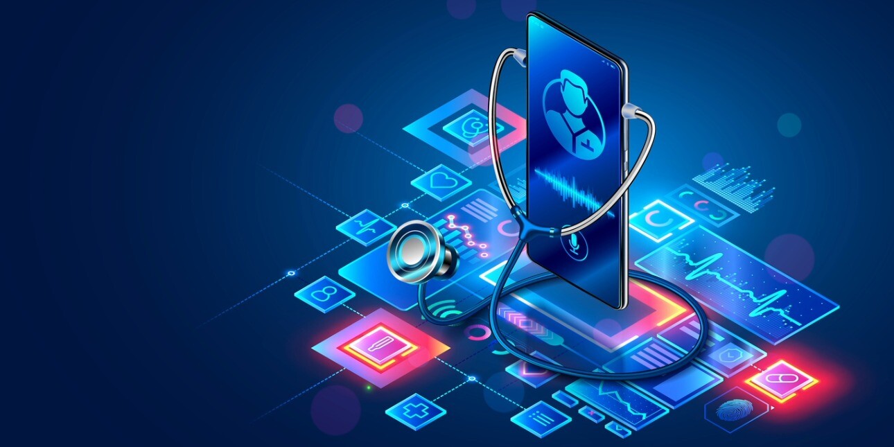 A computer generated illustration on a dark blue background of medical technology icons and graphics around phone screen that is 'wearing' a stethoscope.