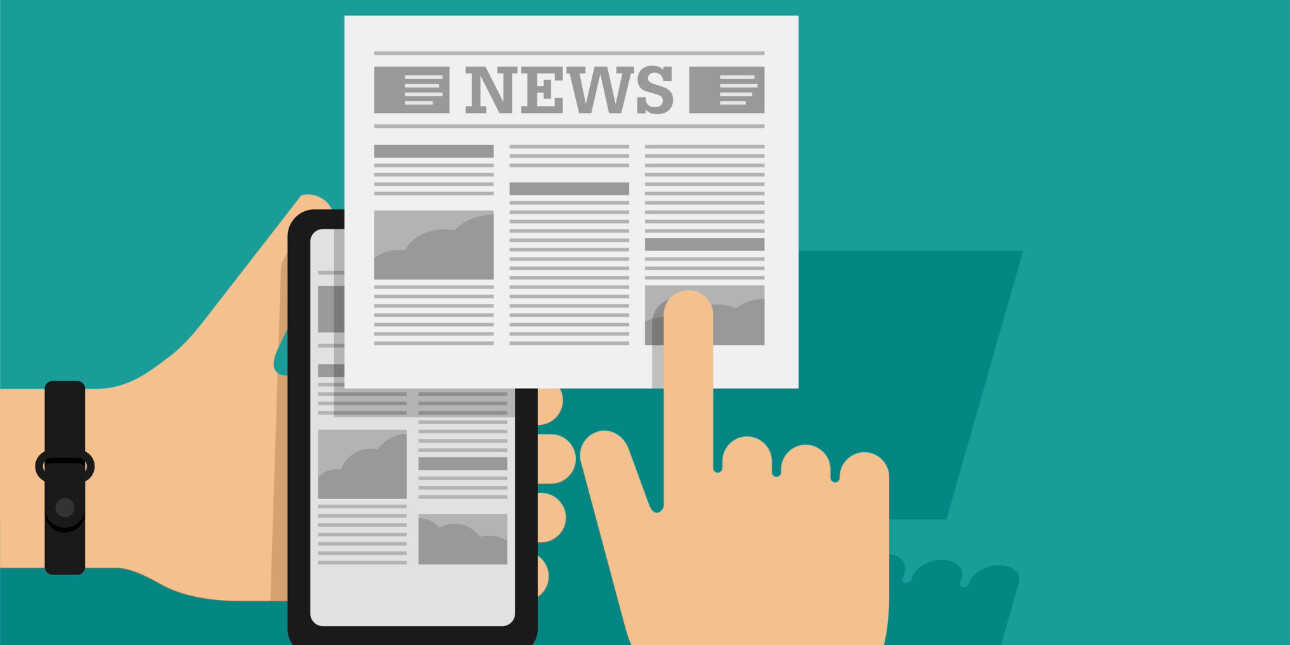 An illustration on a teal background with two white hands holding a newspaper and a mobile device also featuring the news