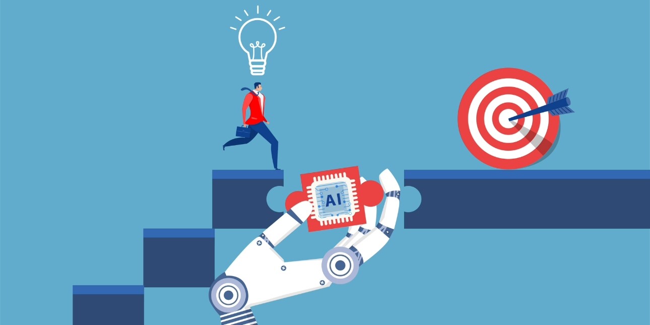 An illustration on a blue background of a man climbing steps to reach a red bullseye target. The final step features the word AI and is held in place by a white robotic arm.