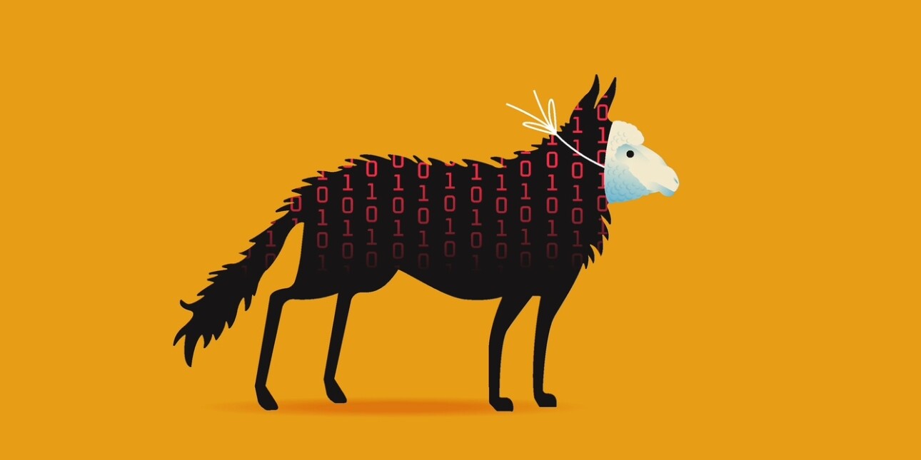 An illustration on an orange background of a sheep's head on a wolf's body. The body is black and features rows of the numbers one and zero written in red.