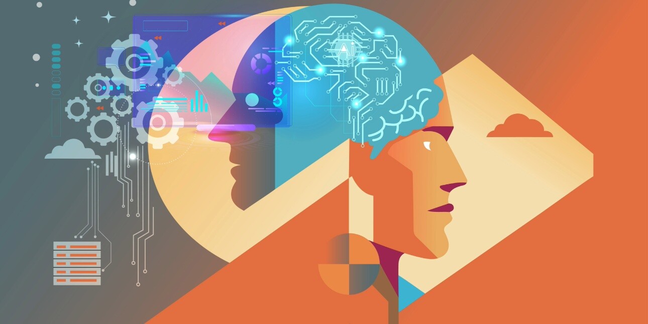 An illustration coloured in shades of orange and blue of the side profile of a humanoid robot and person.